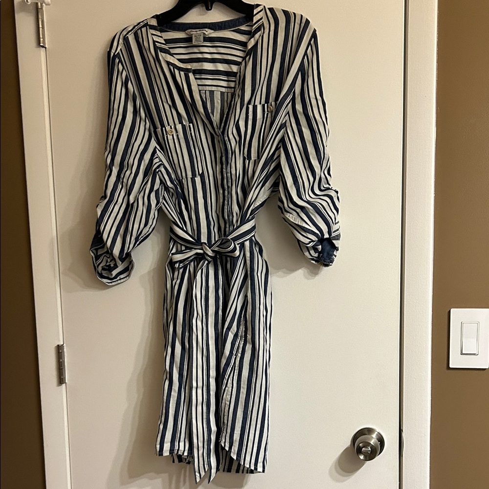 Tommy Bahama Navy and White Striped Belted Midi Dress